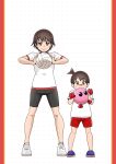  2girls aged_down ball bandaid bandaid_on_face bandaid_on_nose bangs bike_shorts black_shorts blue_footwear brown_eyes brown_hair commentary girls_und_panzer gym_shirt gym_uniform hair_bobbles hair_ornament highres holding holding_ball holding_toy isobe_noriko looking_at_viewer multiple_girls no_socks one_side_up red_shorts satou_yasu shirt shoes short_hair short_shorts short_sleeves shorts sneakers standing t-shirt time_paradox toy volleyball white_footwear white_shirt 