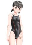  1girl absurdres black_hair black_one-piece_swimsuit breasts brown_eyes cameltoe commentary_request competition_swimsuit covered_navel cowboy_shot highres looking_at_viewer one-piece_swimsuit original short_hair simple_background small_breasts solo standing swimsuit takafumi white_background 