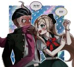  ! !! !? 1boy 1girl :d bangs belt black_bow black_hair black_jacket blush bow bowtie bracelet braid buttons clenched_hand cowboy_shot danganronpa_(series) danganronpa_2:_goodbye_despair dress earrings gem green_dress grey_eyes grey_hair grey_shirt hair_bow hand_up heterochromia highres index_finger_raised jacket jewelry jilong_(eksrks99) long_hair looking_at_another multicolored_hair open_clothes open_jacket pink_scarf puffy_short_sleeves puffy_sleeves red_bow red_bowtie red_eyes scarf shirt short_sleeves simple_background smile sonia_nevermind speech_bubble sweat tanaka_gandamu teeth two-tone_hair upper_teeth white_background white_belt 