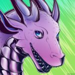  1:1 ambiguous_gender artist_name blue_eyes dragon feral glistening glistening_eyes headshot_portrait horn looking_at_viewer open_mouth open_smile pink_body pink_ears pink_scales portrait scales scalie sharp_teeth simple_background slash_freezen smile solo teeth three-quarter_view 
