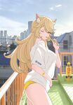  animal animal_ears bandaid bandaid_on_arm blonde_hair cityscape drinking_straw drinking_straw_in_mouth from_side hand_on_own_stomach highres katouken_(ktn-works) looking_at_viewer one_eye_closed original panties photo_background railing shirt shirt_overhang skateboard t-shirt underwear yellow_eyes yellow_panties 
