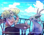  1girl annie_(pokemon) bangs blonde_hair blue_sky breasts chair cleavage cloud cup drink drinking_glass drinking_straw espeon hair_over_one_eye kotobukkii_(yt_lvlv) ocean on_chair pants pokemon pokemon_(anime) pokemon_(classic_anime) pokemon_(creature) pokemon_heroes:_latios_&amp;_latias sitting sky smile table 