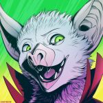  1:1 anthro artist_name big_ears cheek_tuft chiropteran clothed clothing facial_tuft front_view fur glistening glistening_eyes green_eyes head_tuft headshot_portrait looking_at_viewer male mammal multicolored_body multicolored_fur neck_tuft open_mouth open_smile pink_nose portrait purple_body purple_fur red_clothing sharp_teeth simple_background slash_freezen smile solo teeth tuft two_tone_body two_tone_fur white_body white_fur 
