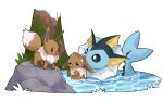  ambiguous_gender eevee eeveelution feral fin generation_1_pokemon group looking_at_another mjoyart neck_tuft nintendo open_mouth partially_submerged pokemon pokemon_(species) size_difference trio tuft vaporeon video_games water wet 