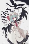  1girl bat_(animal) bat_wings closed_mouth dress hat hat_ribbon highres looking_at_viewer mob_cap red_eyes red_ribbon remilia_scarlet ribbon short_sleeves simple_background solo standing tatutaniyuuto touhou white_background white_dress white_headwear wings wrist_cuffs 