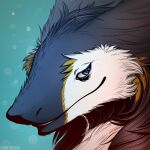  1:1 ambiguous_gender anthro artist_name black_body black_fur blue_eyes bust_portrait cheek_tuft facial_tuft fur glistening glistening_eyes head_tuft looking_aside mouth_closed narrowed_eyes portrait sergal simple_background slash_freezen smile solo three-quarter_view tuft white_body white_fur 