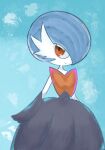  1girl alternate_color arms_at_sides bangs bare_shoulders black_dress black_gloves blue_background blue_hair bob_cut chiizuhanpen closed_mouth colored_skin commentary_request dress flat_chest gardevoir gloves hair_over_one_eye highres looking_to_the_side mega_gardevoir mega_pokemon one_eye_covered pokemon pokemon_(creature) red_eyes shiny_pokemon short_hair simple_background smile solo standing strapless strapless_dress white_skin 