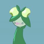  ambiguous_gender animated anthro blue_background blush colored d&eacute;d&eacute;pinel dolliv food fruit green_body leaked_pokemon olive_(fruit) plant pseudo_hair simple_background solo 