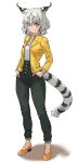 1girl absurdres animal_ear_fluff animal_ears bangs black_hair black_pants bobcat_(kemono_friends) commentary full_body grey_eyes grey_hair hair_between_eyes hands_in_pockets highres jacket kemono_friends long_sleeves looking_at_viewer lynx_ears lynx_tail medium_hair multicolored_hair open_clothes open_jacket pants shirt shoes simple_background smile solo tail tanabe_(fueisei) white_background white_shirt yellow_footwear yellow_jacket 