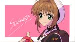  1girl backpack bag beret blush brown_hair cardcaptor_sakura character_name fingerless_gloves gloves green_eyes hat highres kerorira kinomoto_sakura looking_at_viewer own_hands_together randoseru school_bag school_uniform smile solo tomoeda_elementary_school_uniform two-tone_background upper_body 