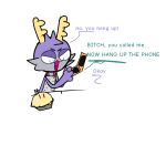  anthro antlers apron apron_only bippppy clothing fatigue flip_phone hi_res horn jackalope lagomorph male mammal mostly_nude open_mouth phone purple_body sheen 