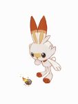  brown_eyes commentary fire hand_up highres looking_down mokuzou_(moku_ssbu) no_humans pokemon pokemon_(creature) rock scorbunny simple_background solo standing symbol-only_commentary twitter_username white_background 