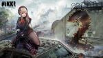  blonde_hair breasts curvy emma_(nikke) gloves goddess_of_victory:_nikke gun hat highres large_breasts long_hair looking_at_viewer mature_female military military_uniform official_art open_mouth ribbon skirt smile squatting submachine_gun thick_thighs thighhighs thighs thompson_submachine_gun uniform weapon 