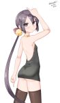  1girl absurdres akebono_(kancolle) alternate_costume artist_name ass bare_back bare_shoulders black_dress black_thighhighs breasts closed_mouth cowboy_shot dated dress from_behind highres kantai_collection long_hair looking_at_viewer maru_(marg0613) one-hour_drawing_challenge pointing pointing_down pointing_up purple_eyes purple_hair simple_background small_breasts smile solo thighhighs very_long_hair white_background 