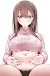  1girl @_@ black_panties blush brown_hair clothes_writing green_eyes highres holding_stomach lace_trim ol-chan_(oouso) oouso original panties stomach stomach_day sweatdrop sweater underwear weight_conscious 