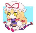  1girl blonde_hair bow closed_mouth dress full_body fumo_(doll) gap_(touhou) hair_bow hat hat_ribbon long_hair mob_cap multiple_bows red_bow red_footwear red_ribbon rei_(tonbo0430) ribbon sidelocks smile solo tabard touhou white_dress white_headwear yakumo_yukari yellow_eyes 