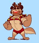  anthro antlers barefoot bell blue_background bottomwear brown_body brown_fur clothing feet fur glowing glowing_nose harness henry_(wizzdono) horn hyaenid male mammal motion_lines red_bottomwear red_clothing red_shorts shadow shorts simple_background smile solo spots tan_body tan_fur wizzdono 