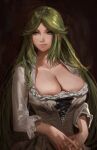  1girl alternate_costume bangs breasts cleavage dress frilled_dress frills green_hair grey_eyes highres j@ck kid_icarus kid_icarus_uprising large_breasts long_hair looking_to_the_side palutena parted_bangs sidelocks upper_body 