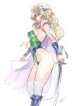  1girl bare_shoulders blonde_hair breasts celes_chere character_request commentary_request copyright_request final_fantasy final_fantasy_vi from_side green_leotard headband highres holding holding_sword holding_weapon large_breasts leotard matsuda_(matsukichi) profile solo strapless strapless_leotard sword thighhighs thighs weapon white_thighhighs 