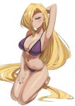  1girl :/ absurdly_long_hair absurdres arm_behind_head arm_up armpits bikini blonde_hair blue_eyes breasts closed_mouth full_body hair_over_one_eye highres kiritzugu large_breasts long_hair naruto naruto_(series) naruto_shippuuden navel purple_bikini purple_nails seiza simple_background sitting solo stomach swimsuit thighs v-shaped_eyebrows very_long_hair white_background yamanaka_ino 