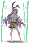  1girl absurdres animal_ears barefoot blush breasts brown_skirt buttons collared_shirt full_body hair_between_eyes highres holding holding_water_gun large_breasts light_purple_hair long_hair navel open_mouth otomeza_ryuseigun pleated_skirt rabbit_ears red_eyes reisen_udongein_inaba sandals shirt short_sleeves skirt solo standing touhou water_gun wet wet_clothes wet_shirt white_background white_shirt 