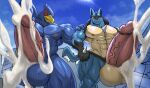  avian balls big_balls big_penis bird blue_body bodily_fluids building canid canine city cum cum_on_balls cum_on_penis destruction duo erection excessive_cum excessive_genital_fluids falco_lombardi fox_mccloud generation_4_pokemon genital_fluids genitals hi_res lucario macro male mammal masterelrest muscular muscular_male nintendo nude orgasm penis pokemon pokemon_(species) precum star_fox video_games worship 