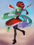  1girl absurdres bow dress gradient gradient_background green_eyes green_hair hair_bow highres kagiyama_hina long_hair open_mouth qinyuzhen red_bow red_dress short_sleeves smile solo touhou very_long_hair 