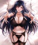  1girl alice_gear_aegis black_hair black_thighhighs blush bra breasts cleavage highres kagome_misaki large_breasts lying mole mole_under_eye navel on_back on_bed open_mouth outstretched_hand panties purple_eyes puru_(ex-150) solo thigh_strap thighhighs thighs underwear underwear_only 
