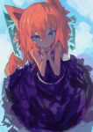  1girl absurdres animal_ears bangs bare_arms bare_shoulders blue_eyes closed_mouth dress hair_between_eyes hands_up highres kaamin_(mariarose753) looking_at_viewer orange_hair original purple_dress short_eyebrows sketch sleeveless sleeveless_dress smile solo tail thick_eyebrows 