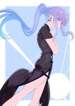  1girl absurdres black_dress blue_hair china_dress chinese_clothes dress ear_piercing earrings feet_out_of_frame highres jewelry kerorira lize_helesta long_hair nijisanji own_hands_together piercing ponytail purple_eyes short_sleeves side_slit sketch solo two-tone_background virtual_youtuber 