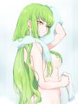  1girl arm_up breasts butt_crack c.c. closed_mouth code_geass drying drying_hair from_side highres holding holding_towel long_hair looking_to_the_side medium_breasts noppo nude shiny shiny_hair sideboob solo towel towel_around_neck wet wet_hair yellow_eyes 