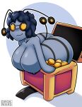  absurd_res antennae_(anatomy) anthro areola big_breasts big_butt black_nipples breasts butt dark_areola drokmars female gimmighoul gimmighoul_(chest_form) gold_(metal) grey_body hair hanging_breasts hi_res huge_breasts huge_butt looking_at_viewer mimic nipples solo treasure_chest wavy_hair 