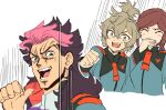  1boy 2girls ^_^ asticassia_school_uniform blue_eyes clenched_hand closed_eyes felsi_rollo green_jacket grey_shirt guel_jeturk gundam gundam_suisei_no_majo jacket jojo_no_kimyou_na_bouken kin-san_(sasuraiga) kono_dio_da_(meme) medium_hair meme mole mole_under_eye multicolored_hair multiple_girls open_mouth parody petra_itta phantom_blood pink_hair ponytail school_uniform shirt sketch smile two-tone_hair v-shaped_eyebrows white_background yellow_eyes 