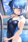  1girl absurdres bangs blue_eyes blue_hair blush casual_one-piece_swimsuit commentary_request cowboy_shot hair_between_eyes highres hololive hoshimachi_suisei indie_virtual_youtuber indoors looking_at_viewer medium_hair multicolored_clothes multicolored_swimsuit nose_blush one-piece_swimsuit pool pool_ladder shinigami_kiraki solo star_(symbol) star_in_eye swimsuit symbol_in_eye virtual_youtuber water wet wet_clothes wet_swimsuit window 