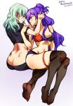  2girls ass bangs blush breasts byleth_(fire_emblem) byleth_(fire_emblem)_(female) cleavage closed_mouth fire_emblem fire_emblem:_three_houses fire_emblem_warriors:_three_hopes hair_bun hair_over_one_eye large_breasts long_hair medium_breasts medium_hair mina_cream multiple_girls purple_eyes purple_hair shez_(fire_emblem) shez_(fire_emblem)_(female) simple_background single_hair_bun smile thighhighs underwear yuri 