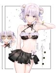  1girl arm_up bangs bikini bikini_skirt black_bikini black_skirt border bracelet breasts double_bun expressionless frilled_bikini frills grey_hair hair_bun inset instagram_username jewelry light_smile looking_at_viewer medium_breasts original pixiv_id purple_eyes say_hana short_hair sidelocks signature skirt standing sunglasses swimsuit tinted_eyewear twitter_username white_background 