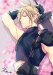  1boy absurdres arm_up armor blonde_hair blue_eyes buster_sword cloud_strife earrings final_fantasy final_fantasy_vii final_fantasy_vii_remake gloves gogochi55 highres holding holding_weapon jewelry looking_at_viewer petals shoulder_armor sleeveless sleeveless_turtleneck solo spiked_hair sweater turtleneck turtleneck_sweater upper_body weapon 