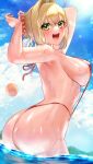  1girl :d absurdres ahoge arms_behind_head arms_up ass ball bangs bare_arms beachball bikini blonde_hair blue_sky blush braid breasts cloud cloudy_sky cowboy_shot day fate/extra fate_(series) flower french_braid green_eyes hair_between_eyes hair_bun hair_flower hair_intakes hair_ornament highres large_breasts looking_at_viewer looking_back nero_claudius_(fate) nero_claudius_(fate/extra) open_mouth outdoors red_bikini red_flower single_hair_bun sky smile solo standing sun swimsuit thong_bikini wading wet yayoi_maka 