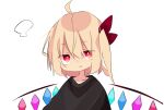  1girl =3 ahoge alternate_costume black_shirt blonde_hair bow bright_pupils collarbone crystal eyes_visible_through_hair flandre_scarlet hair_between_eyes hair_bow highres looking_at_viewer medium_hair no_headwear no_nose one_side_up parted_lips red_bow red_eyes shirt simple_background solo soru_(remonntteumai) touhou upper_body white_background white_pupils wings 