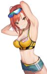  1girl ahoge arisugawa_natsuha armpits arms_up bikini blush breasts cleavage collarbone denim denim_shorts goggles goggles_on_head gomibukurokarasu groin highres idolmaster idolmaster_shiny_colors looking_at_viewer medium_breasts navel orange_hair short_shorts shorts simple_background smile solo stomach swimsuit white_background yellow_bikini zipper_bikini 