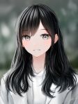  1girl bangs black_hair blurry blurry_background blush hair_over_shoulder highres jacket long_hair looking_at_viewer ojay_tkym open_clothes open_jacket original outdoors shirt signature smile solo standing swept_bangs teeth tree upper_body white_jacket white_shirt 