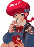  1girl alternate_costume blue_bow blue_eyes bow cellphone drinking_straw hair_bow keychain mousse_(duck)_(ranma_1/2) p-chan phone ranma-chan ranma_1/2 red_bow red_hair sana79261827 shampoo_(cat) simple_background solo white_background 
