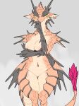 anthro areola breasts dragon featureless_crotch female hi_res horn kame_3 looking_at_viewer nude scales scalie simple_background smile solo wingless_dragon 