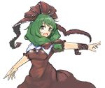 1girl :d arm_ribbon bow cross-laced_clothes dress front_ponytail ginnkei green_eyes green_hair hair_bow hair_ribbon kagiyama_hina long_hair looking_at_viewer one-hour_drawing_challenge open_mouth red_bow red_dress red_ribbon ribbon simple_background smile solo touhou white_background 
