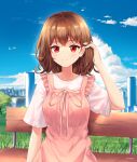  1girl absurdres arttsam bangs bench brown_hair closed_mouth day dress facing_viewer hand_in_own_hair highres looking_at_viewer medium_hair original outdoors park_bench pink_dress red_eyes scenery shirt sitting smile solo white_shirt 