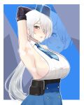  1girl absurdres aji_(p391) arm_up armpits bangs bare_shoulders belt belt_pouch black_belt blue_eyes blue_headwear blue_necktie blue_skirt blush border breasts brid_(nikke) bridal_gauntlets collarbone collared_shirt commentary goddess_of_victory:_nikke grey_hair hair_between_eyes high-waist_skirt highres large_breasts long_hair looking_at_viewer low_ponytail necktie parted_lips pouch shirt sideboob sidelocks skirt sleeveless sleeveless_shirt solo standing striped_necktie sweat underbust upper_body white_border white_shirt zoom_layer 