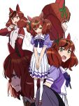  1girl ? animal_ears black_hair bow bowtie brown_eyes brown_footwear brown_hair crying crying_with_eyes_open ear_ribbon expressions highres horse_ears horse_girl horseshoe_ornament jacket kerorira loafers medium_hair multicolored_hair multiple_views nice_nature_(umamusume) own_hands_together pleated_skirt profile puffy_short_sleeves puffy_sleeves purple_bow purple_bowtie purple_shirt sailor_collar sailor_shirt school_uniform serafuku shirt shoes short_sleeves simple_background skirt streaked_hair summer_uniform surprised tears thighhighs tracen_school_uniform track_jacket twintails two-tone_hair umamusume white_background white_skirt 