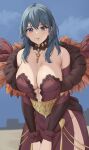  1girl alternate_costume amayo_thranana bangs bare_shoulders blue_eyes blue_hair breasts byleth_(fire_emblem) byleth_(fire_emblem)_(female) cleavage collarbone cornelia_arnim cornelia_arnim_(cosplay) cosplay dress feathers fire_emblem fire_emblem:_three_houses highres huge_breasts jewelry key_necklace long_sleeves looking_at_viewer medium_hair necklace off-shoulder_dress off_shoulder plunging_neckline red_dress smile solo thighs 