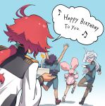  1boy 3girls absurdres ahoge asticassia_school_uniform birthday_cake brown_hair cake candle chuatury_panlunch fleeing food grey_hair guel_jeturk gundam gundam_suisei_no_majo highres jacket jacket_on_shoulders legwear_under_shorts long_hair low-tied_long_hair low_ponytail miorine_rembran multicolored_hair multiple_girls music nigerundayo! pantyhose pink_hair red_hair running school_uniform shaded_face shorts sinad_aruatjanapat singing suletta_mercury two-tone_hair 