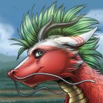  1:1 2020 anthro artist_name bust_portrait cheek_tuft closed_smile dated dragon ears_back facial_tuft fur furred_dragon glistening glistening_eyes green_eyes green_hair grey_horn hair hi_res horn looking_at_viewer male mouth_closed neck_tuft pivoted_ears portrait red_body red_fur scales simple_background slash_freezen solo striped_ears tuft white_body white_fur yellow_body yellow_scales 
